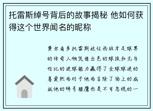 托雷斯绰号背后的故事揭秘 他如何获得这个世界闻名的昵称 托雷斯绰号背后的故事揭秘 他如何获得这个世界闻名的昵称
